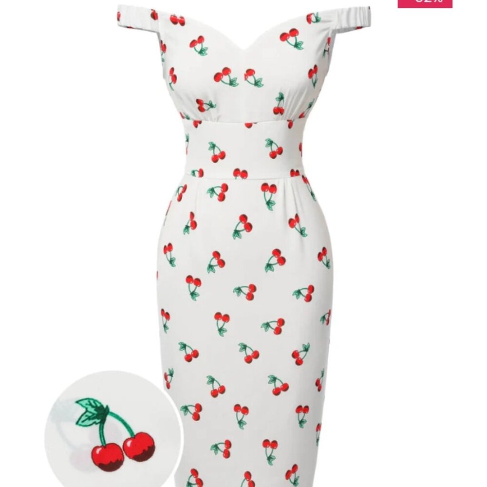 White Cherry Print Off-Shoulder Midi Dress